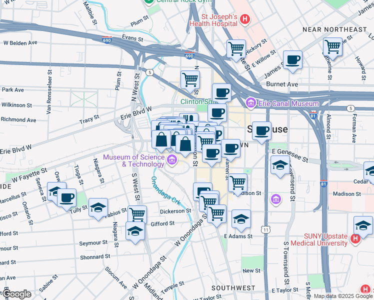 map of restaurants, bars, coffee shops, grocery stores, and more near 110 Walton Street in Syracuse