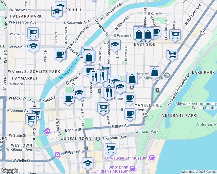 map of restaurants, bars, coffee shops, grocery stores, and more near N Van Buren St & E Ogden Ave in Milwaukee