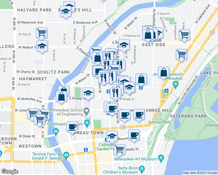 map of restaurants, bars, coffee shops, grocery stores, and more near 601 E Ogden Ave in Milwaukee