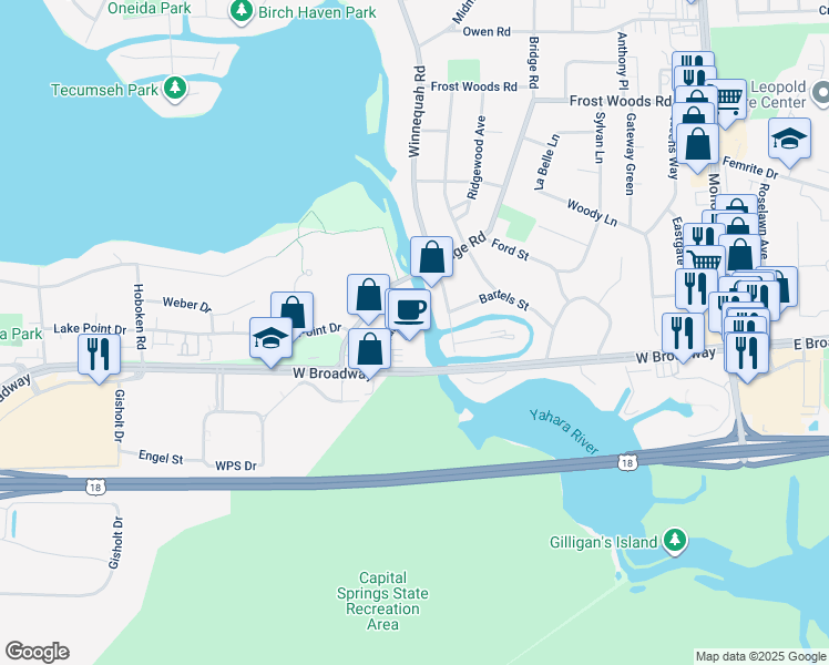 map of restaurants, bars, coffee shops, grocery stores, and more near 6320 Inland Way in Monona