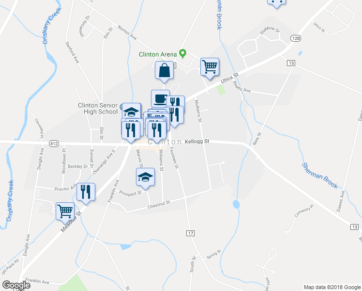 map of restaurants, bars, coffee shops, grocery stores, and more near 2 Kellogg Street in Clinton