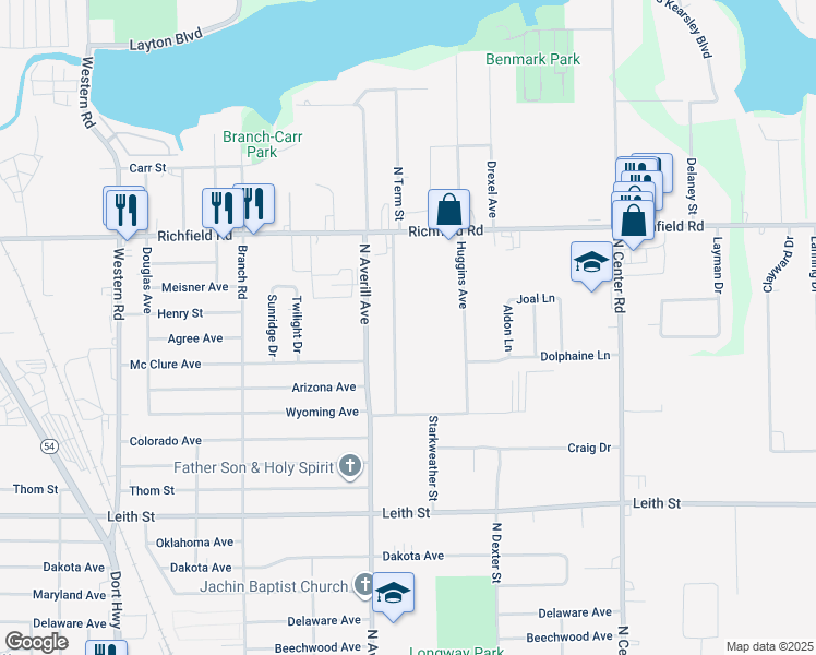 map of restaurants, bars, coffee shops, grocery stores, and more near 3708 North Term Street in Flint