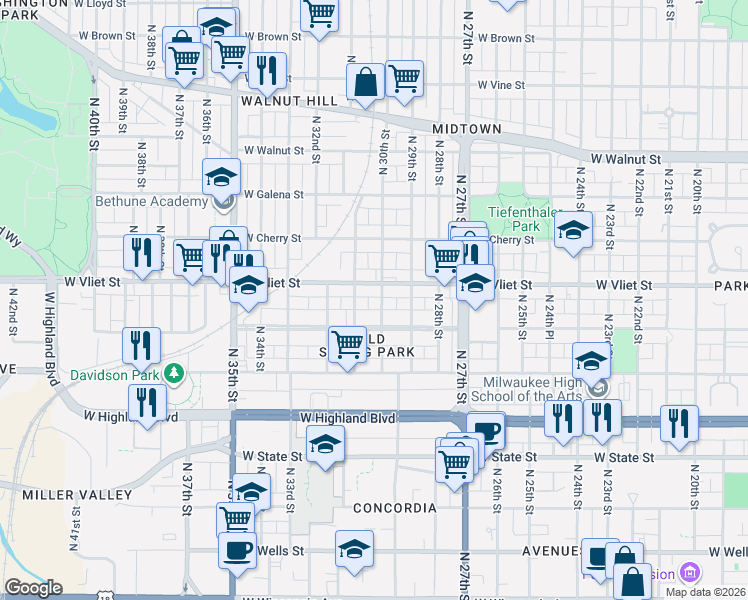 map of restaurants, bars, coffee shops, grocery stores, and more near 2931 West Vliet Street in Milwaukee