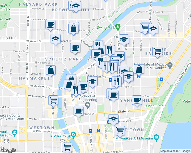 map of restaurants, bars, coffee shops, grocery stores, and more near N Milwaukee St & E Ogden Ave in Milwaukee
