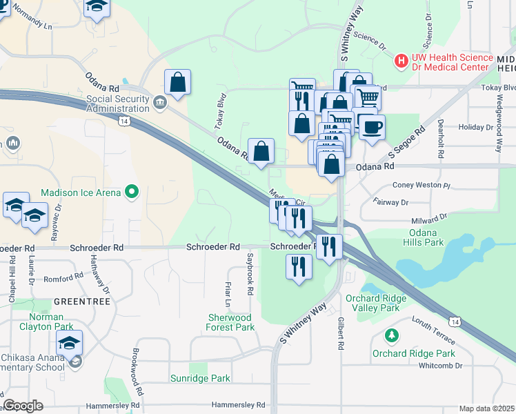map of restaurants, bars, coffee shops, grocery stores, and more near West Beltline Highway in Madison
