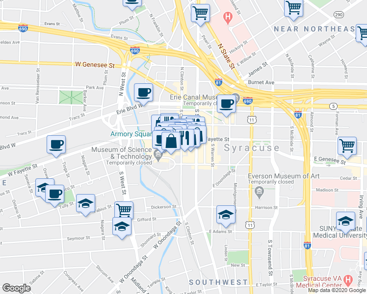 map of restaurants, bars, coffee shops, grocery stores, and more near 321 South Clinton Street in Syracuse
