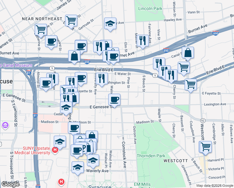 map of restaurants, bars, coffee shops, grocery stores, and more near 1212 East Fayette Street in Syracuse
