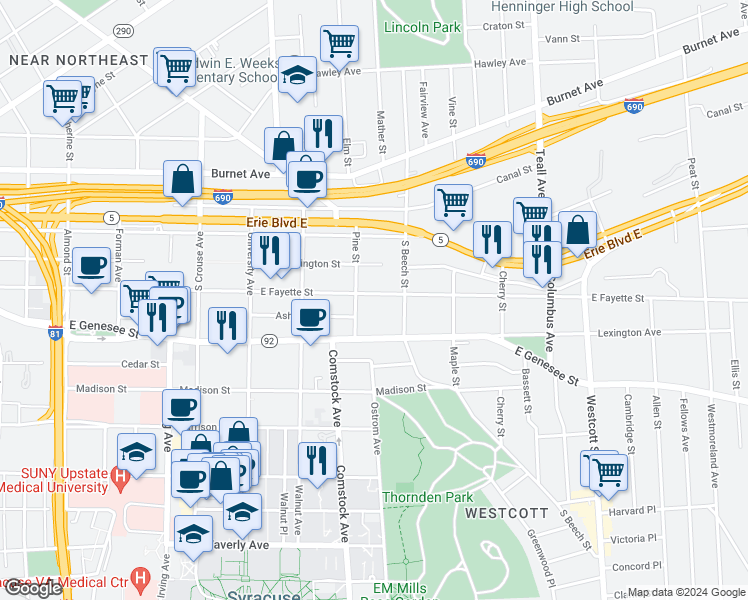 map of restaurants, bars, coffee shops, grocery stores, and more near in Syracuse