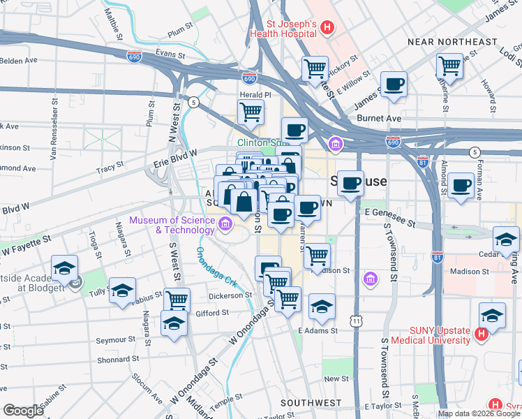 map of restaurants, bars, coffee shops, grocery stores, and more near in Syracuse
