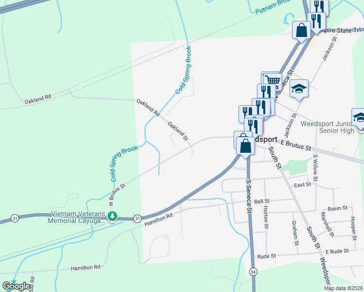 map of restaurants, bars, coffee shops, grocery stores, and more near 8901 Oakland Street in Weedsport