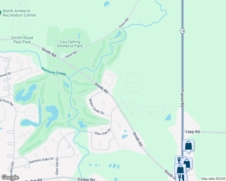 map of restaurants, bars, coffee shops, grocery stores, and more near 21 Stony Creek Drive in East Amherst