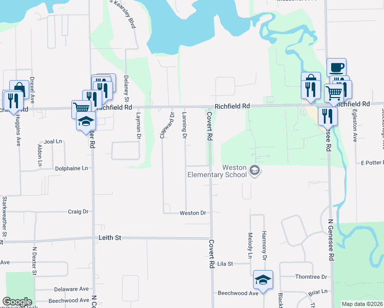 map of restaurants, bars, coffee shops, grocery stores, and more near 3035 Lanning Drive in Flint
