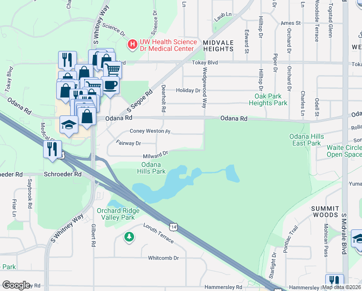 map of restaurants, bars, coffee shops, grocery stores, and more near 5101 Coney Weston Place in Madison