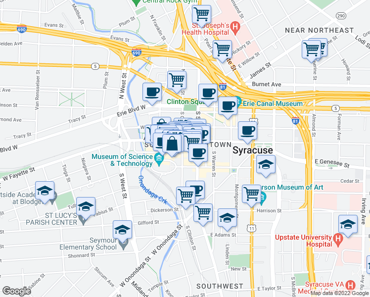 map of restaurants, bars, coffee shops, grocery stores, and more near 321 South Clinton Street in Syracuse
