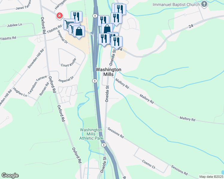 map of restaurants, bars, coffee shops, grocery stores, and more near 3834 Oneida St in New Hartford