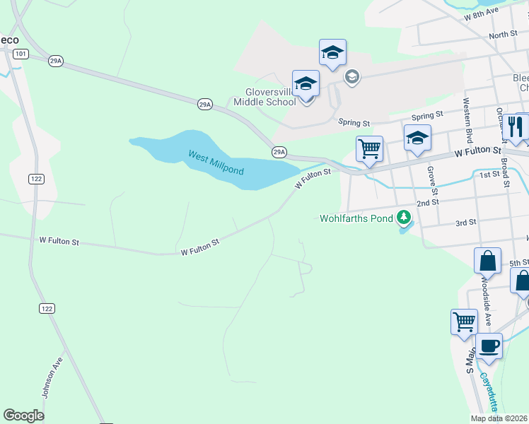 map of restaurants, bars, coffee shops, grocery stores, and more near 344 West Fulton Street in Gloversville