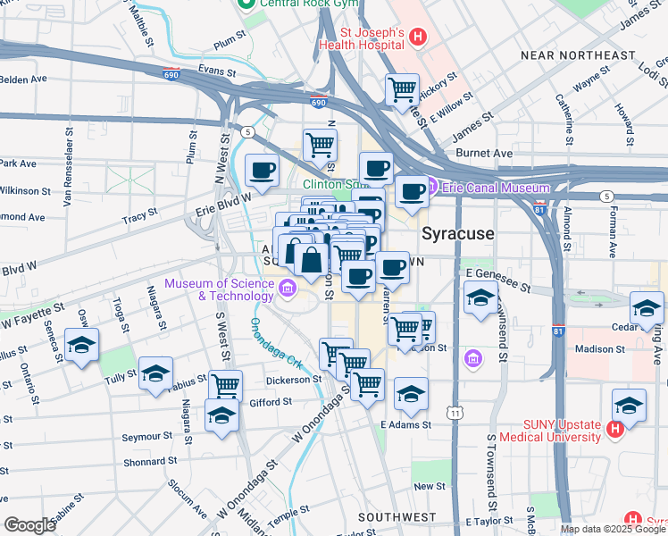 map of restaurants, bars, coffee shops, grocery stores, and more near in Syracuse