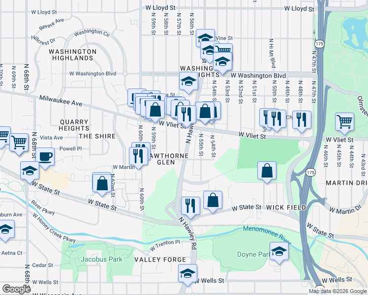 map of restaurants, bars, coffee shops, grocery stores, and more near 1342 North 57th Street in Milwaukee