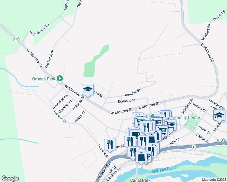 map of restaurants, bars, coffee shops, grocery stores, and more near 47 Lewis Street in Little Falls