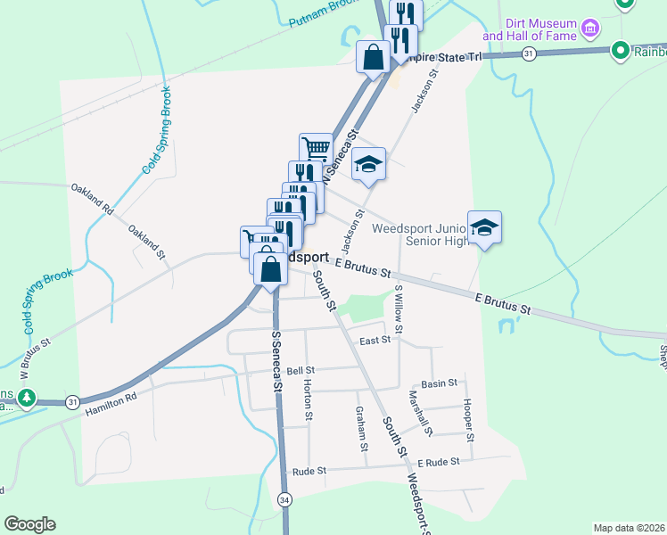 map of restaurants, bars, coffee shops, grocery stores, and more near 2710 East Brutus Street in Weedsport