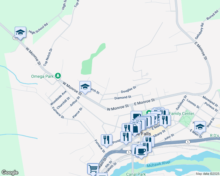 map of restaurants, bars, coffee shops, grocery stores, and more near 47 Lewis Street in Little Falls
