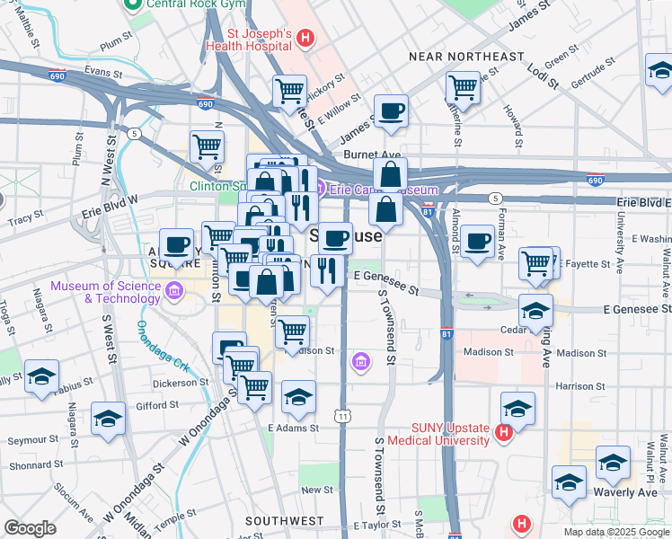 map of restaurants, bars, coffee shops, grocery stores, and more near in Syracuse