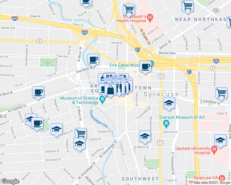 map of restaurants, bars, coffee shops, grocery stores, and more near in Syracuse