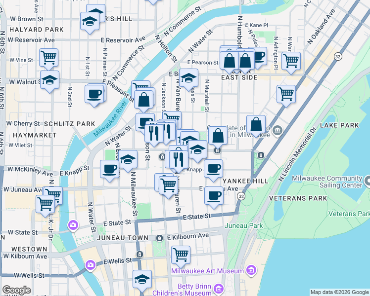 map of restaurants, bars, coffee shops, grocery stores, and more near 716 East Ogden Avenue in Milwaukee
