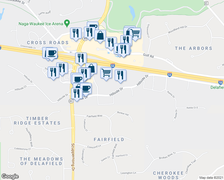 map of restaurants, bars, coffee shops, grocery stores, and more near 3175 Hillside Drive in Delafield