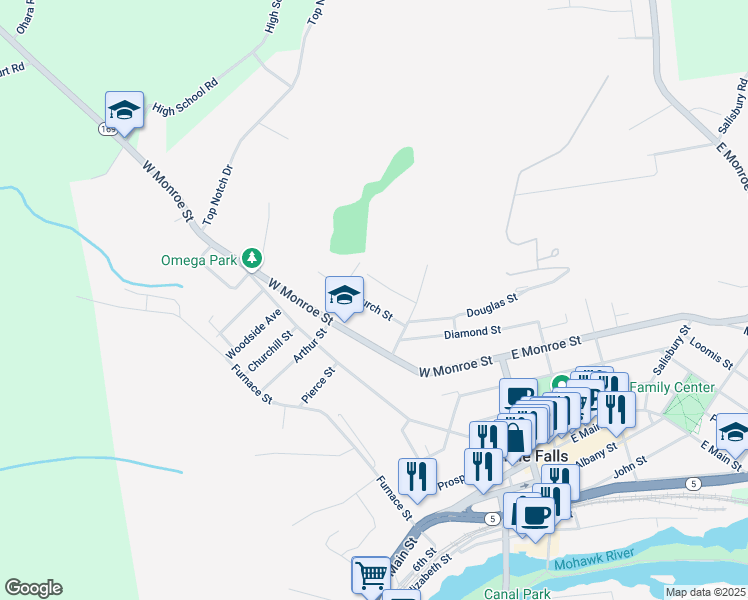 map of restaurants, bars, coffee shops, grocery stores, and more near 32 Burch Street in Little Falls
