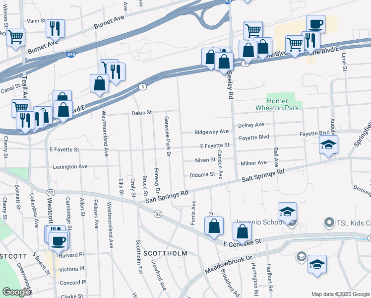 map of restaurants, bars, coffee shops, grocery stores, and more near 324 Beattie Street in Syracuse