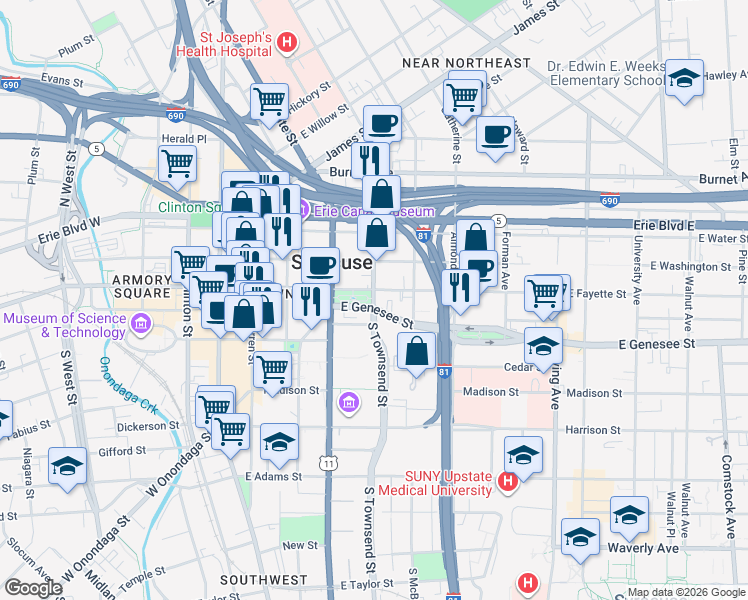 map of restaurants, bars, coffee shops, grocery stores, and more near in Syracuse