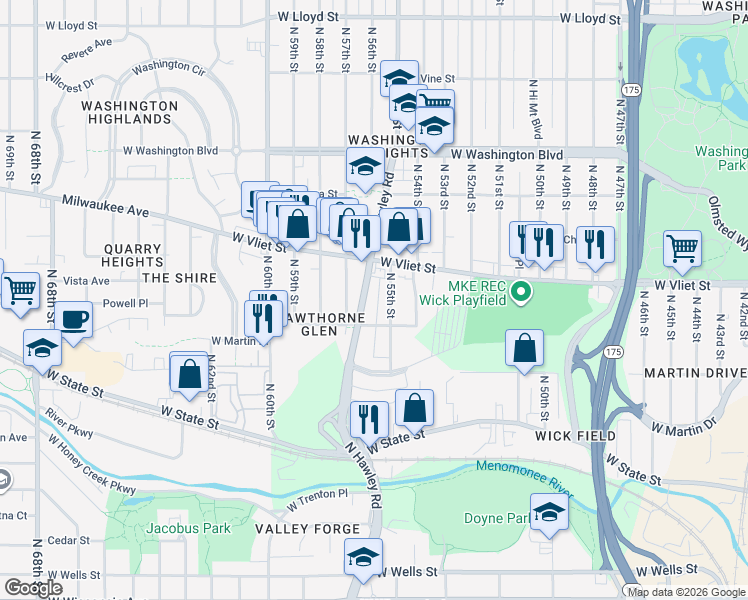 map of restaurants, bars, coffee shops, grocery stores, and more near 1345 North 55th Street in Milwaukee