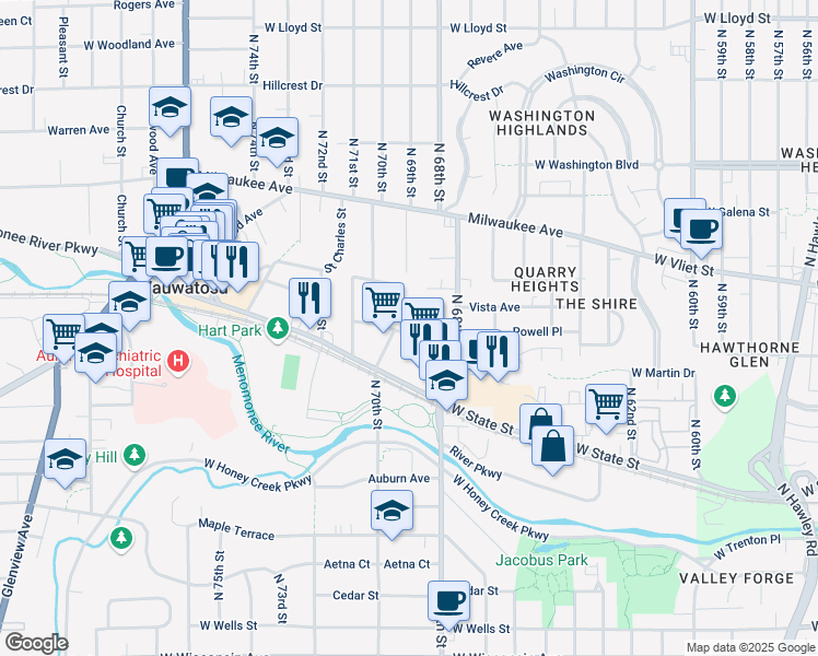 map of restaurants, bars, coffee shops, grocery stores, and more near 6916 Saint James Street in Wauwatosa