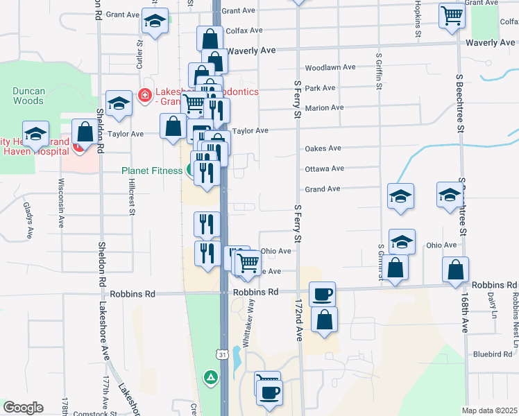 map of restaurants, bars, coffee shops, grocery stores, and more near 1598 Orchard Avenue in Grand Haven