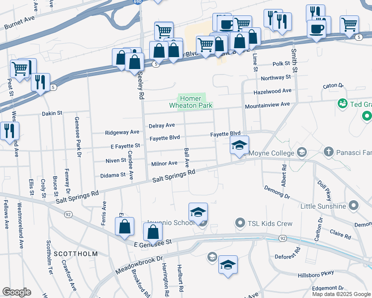 map of restaurants, bars, coffee shops, grocery stores, and more near 199 Harwood Avenue in Syracuse
