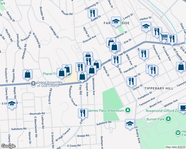 map of restaurants, bars, coffee shops, grocery stores, and more near 2 Montrose Avenue in Syracuse