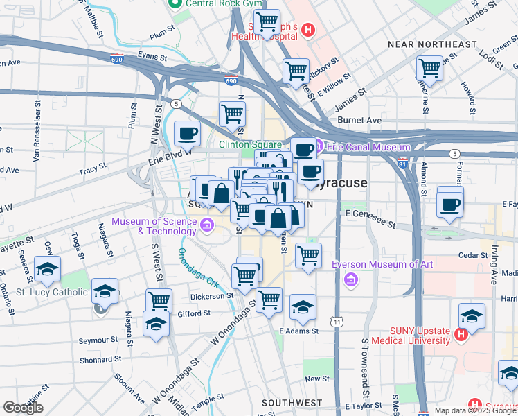 map of restaurants, bars, coffee shops, grocery stores, and more near 310 South Salina Street in Syracuse