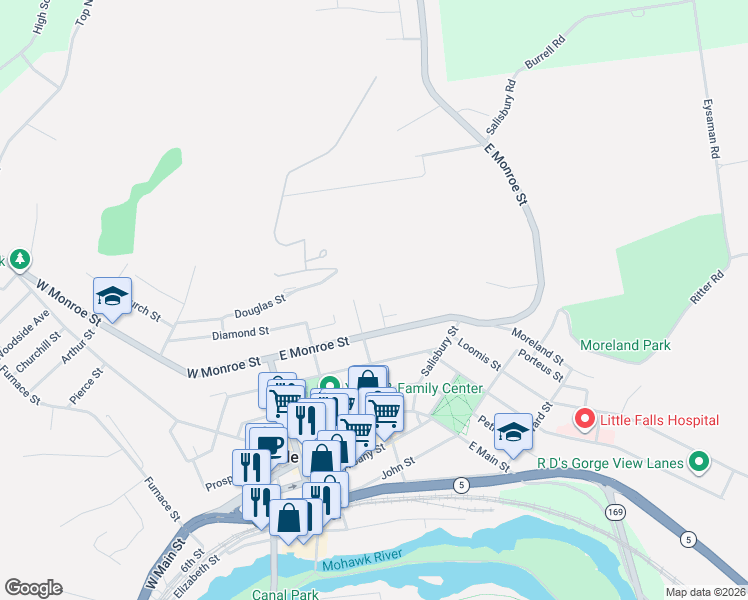 map of restaurants, bars, coffee shops, grocery stores, and more near 10 Catherine Street in Little Falls