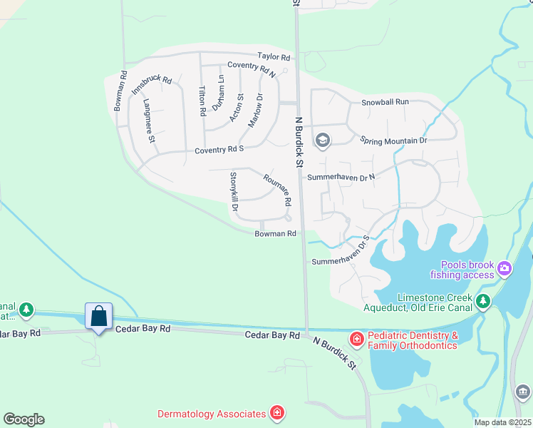map of restaurants, bars, coffee shops, grocery stores, and more near 7227 Roumare Road in East Syracuse