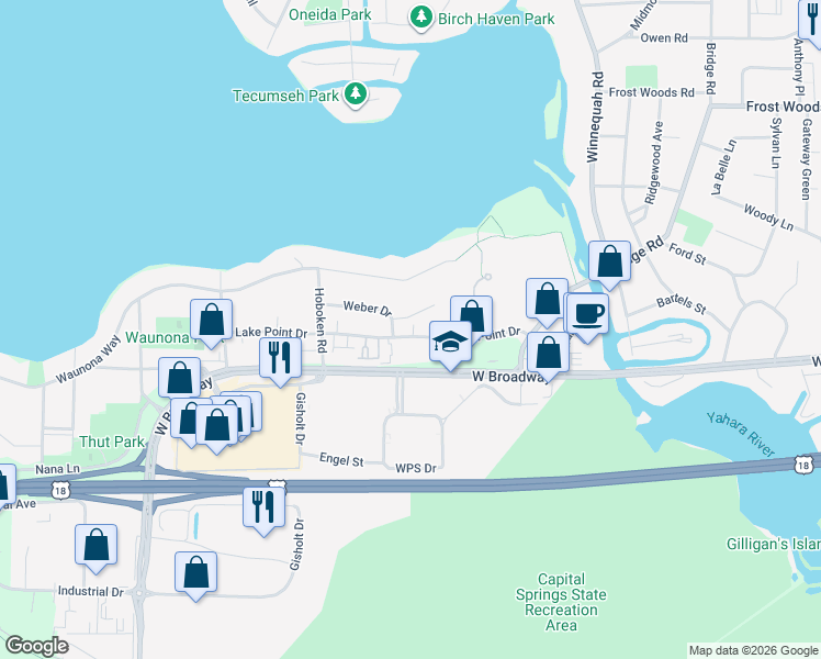 map of restaurants, bars, coffee shops, grocery stores, and more near 1706 Lake Point Drive in Madison