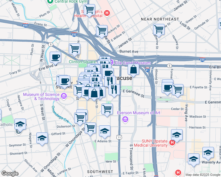 map of restaurants, bars, coffee shops, grocery stores, and more near 300 East Fayette Street in Syracuse
