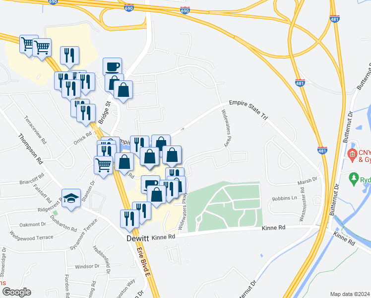 map of restaurants, bars, coffee shops, grocery stores, and more near 5789 Widewaters Parkway in Syracuse