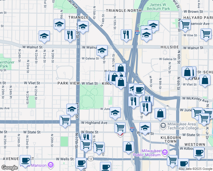 map of restaurants, bars, coffee shops, grocery stores, and more near 1333 West Vliet Street in Milwaukee