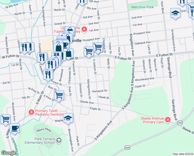 map of restaurants, bars, coffee shops, grocery stores, and more near 50 South Judson Street in Gloversville
