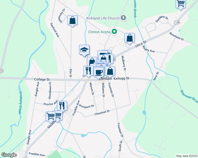 map of restaurants, bars, coffee shops, grocery stores, and more near 16 College Street in Clinton