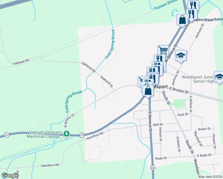 map of restaurants, bars, coffee shops, grocery stores, and more near 8901 Oakland St in Weedsport
