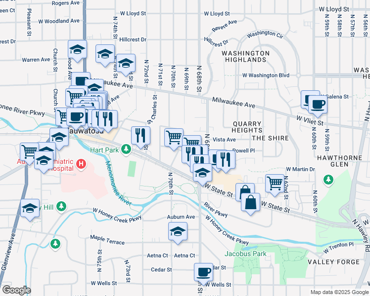 map of restaurants, bars, coffee shops, grocery stores, and more near 6916 Saint James Street in Wauwatosa