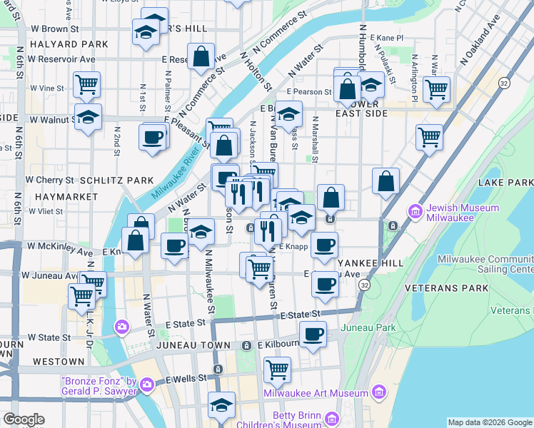 map of restaurants, bars, coffee shops, grocery stores, and more near 624 East Ogden Avenue in Milwaukee