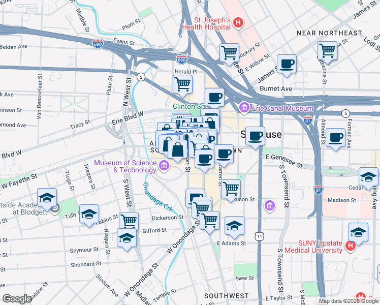 map of restaurants, bars, coffee shops, grocery stores, and more near 311 South Clinton Street in Syracuse